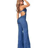 Solid Strapless Backless Slim Straight Wide-leg Denim Jumpsuits