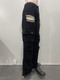 Women Fashion Hollow Rhinestone Cargo Pants Multi-Pocket Washed Jeans