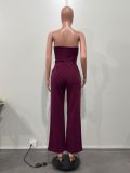 Elegant Solid Solor Strapless Wide Leg Jumpsuit with Belt