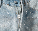 Loose Rhinestones Denim Halft Trousers with Belt