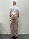 Women Fashion Hollow Rhinestone Cargo Pants Multi-Pocket Washed Jeans