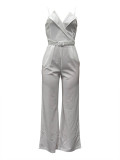 Elegant Solid Solor Strapless Wide Leg Jumpsuit with Belt