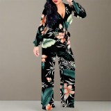 1 Piece Custom Casual Digital Printing V Neck Wide Leg Jumpsuit with Belt