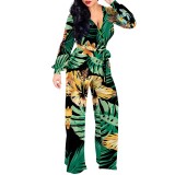 1 Piece Custom Casual Digital Printing V Neck Wide Leg Jumpsuit with Belt