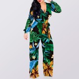 1 Piece Custom Casual Digital Printing V Neck Wide Leg Jumpsuit with Belt