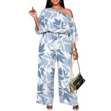 1 Piece Custom Casual Digital Printing Slanted Shoulders Two Piece Pant Set