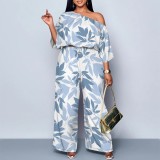 1 Piece Custom Casual Digital Printing Slanted Shoulders Two Piece Pant Set