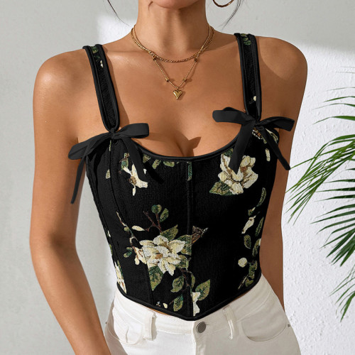 Charming Floral Corset Top with Bow Straps