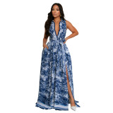 Elegant Bohemia Print Buckle Turndown Collar Long Dresses