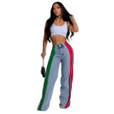 Spliced ​​Striped Contrast Denim Trousers Casual Elastic Straight Jeans