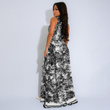 Elegant Bohemia Print Buckle Turndown Collar Long Dresses