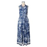 Elegant Bohemia Print Buckle Turndown Collar Long Dresses