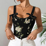 Charming Floral Corset Top with Bow Straps