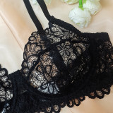 Straps Underwear Lace Eyelash Steel Ring See-through Bra without Padded
