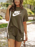 Summer High Quality Cotton Women Print O Neck Sweatshirt Shorts Set