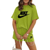 Summer High Quality Cotton Women Print O Neck Sweatshirt Shorts Set