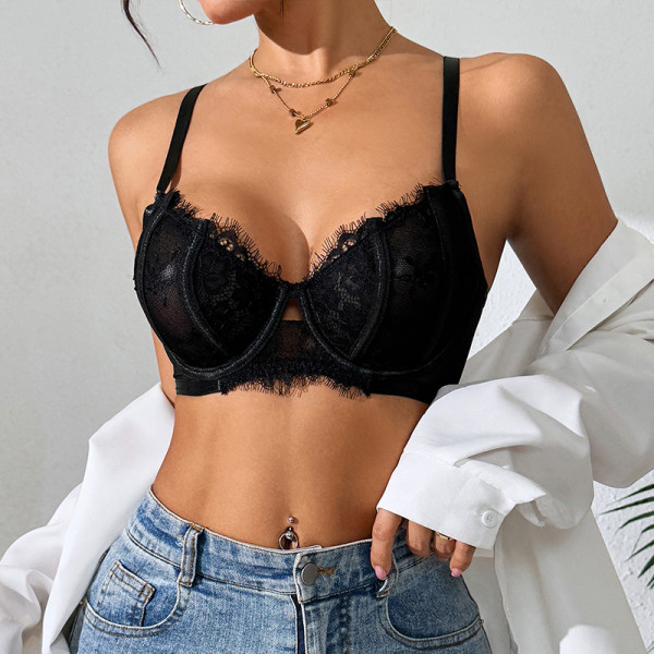 Sexy See-through Lace Eyelash Underwire Bra Underwear Straps Corset