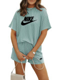 Summer High Quality Cotton Women Print O Neck Sweatshirt Shorts Set