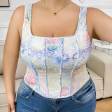 Plus Size Women's Floral Print Gradient Tank Tops Square Neck Sleeveless Crop Top