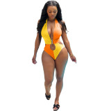 Sexy Backless Halter Stitching One Piece Swimsuit