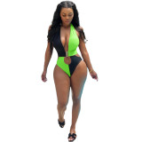 Sexy Backless Halter Stitching One Piece Swimsuit