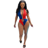 Sexy Backless Halter Stitching One Piece Swimsuit