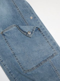 Solid Color Zipper Spaghetti Strap Sleeveless Denim Wide Leg Jumpsuits