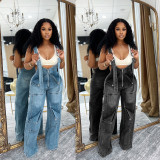 Solid Color Zipper Spaghetti Strap Sleeveless Denim Wide Leg Jumpsuits