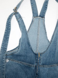 Solid Color Zipper Spaghetti Strap Sleeveless Denim Wide Leg Jumpsuits