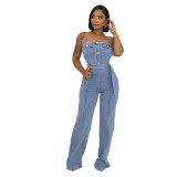 Bandeau Tight Slim Stretch Washed Denim Strapless Wide Leg Jumpsuit