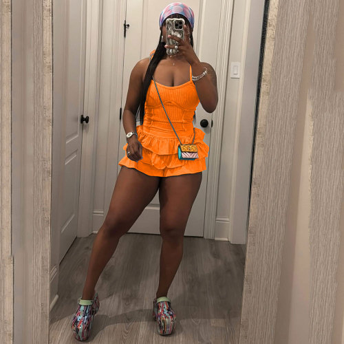 Solid Color Washed Straps Ruffled Skirt Set