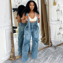 Solid Color Zipper Spaghetti Strap Sleeveless Denim Wide Leg Jumpsuits