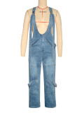 Solid Color Zipper Spaghetti Strap Sleeveless Denim Wide Leg Jumpsuits