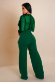 Women Mesh See Through Patchwork Lantern Long Sleeve Ruffles V-Neck Jumpsuits