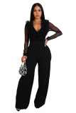 Women Mesh See Through Patchwork Lantern Long Sleeve Ruffles V-Neck Jumpsuits