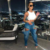 Ripped Washed Denim Hollow Straight Overalls Women's Loose Y2k Elastic Jean