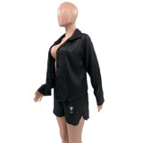 High Quality Satin Embroidery Long Sleeve Shorts Set