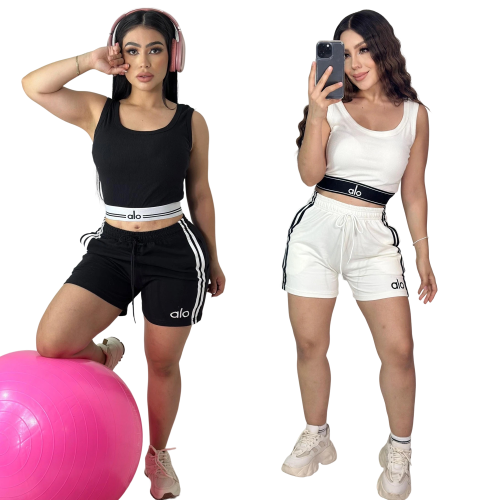 Solid Color Embroidered Round Neck Sleeveless Vest Shorts Set