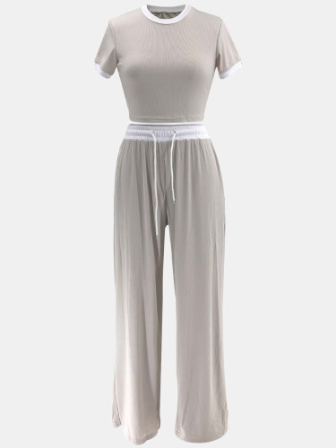 Women's Two Piece Outfits Sweatsuits Short Sleeve Pleated Wide Leg Pants Sets