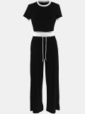 Women's Two Piece Outfits Sweatsuits Short Sleeve Pleated Wide Leg Pants Sets