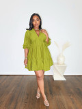 Casual Puff Sleeve Ruffle Hem Button Down Pleated Shirt Mini Dress