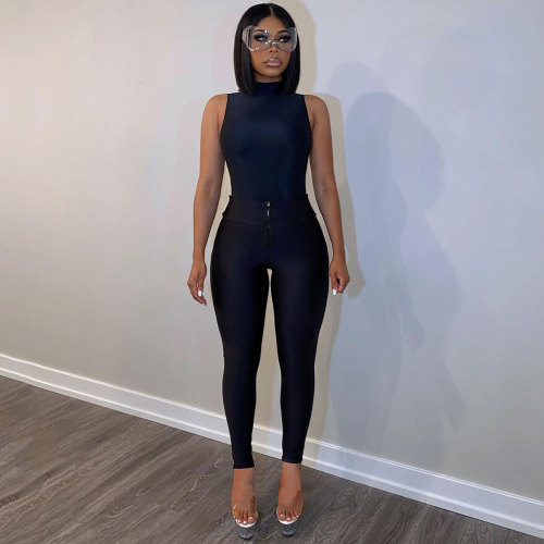 Women Zipper Skinny Solid High Waist Patchwork Sporty Pants Bottom