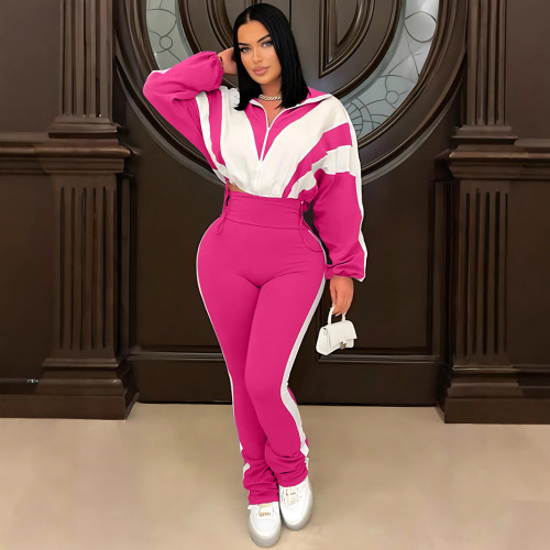 Contrast Color Stitching Sports Zipper Jacket & High Waist Trousers
