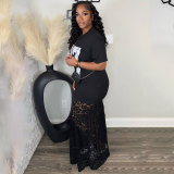 Casual Digital Lace O Neck Long Dresses