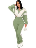 Contrast Color Stitching Sports Zipper Jacket & High Waist Trousers