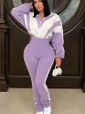 Contrast Color Stitching Sports Zipper Jacket & High Waist Trousers