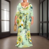 1 Piece Custom Casual Digital Printing V Neck Ruffles 3/4 Sleeve Floral Dresses