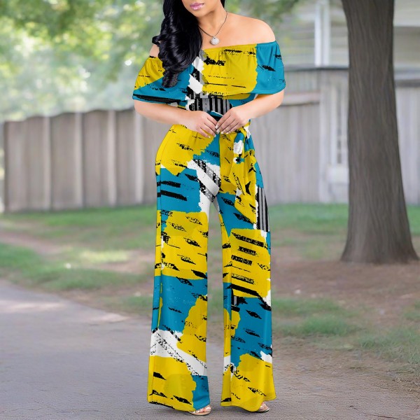 1 Piece Custom Casual Digital Printing Off Shoulder Jumpsuits