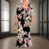 1 Piece Custom Casual Digital Printing V Neck Ruffles 3/4 Sleeve Floral Dresses