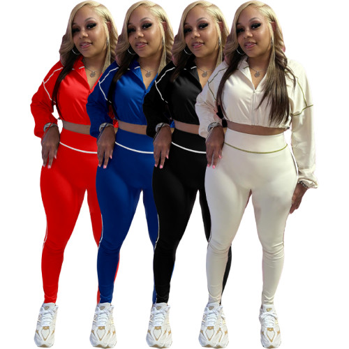 Women's Elastic Zipper Drop Shoulder Two-piece Pants Set